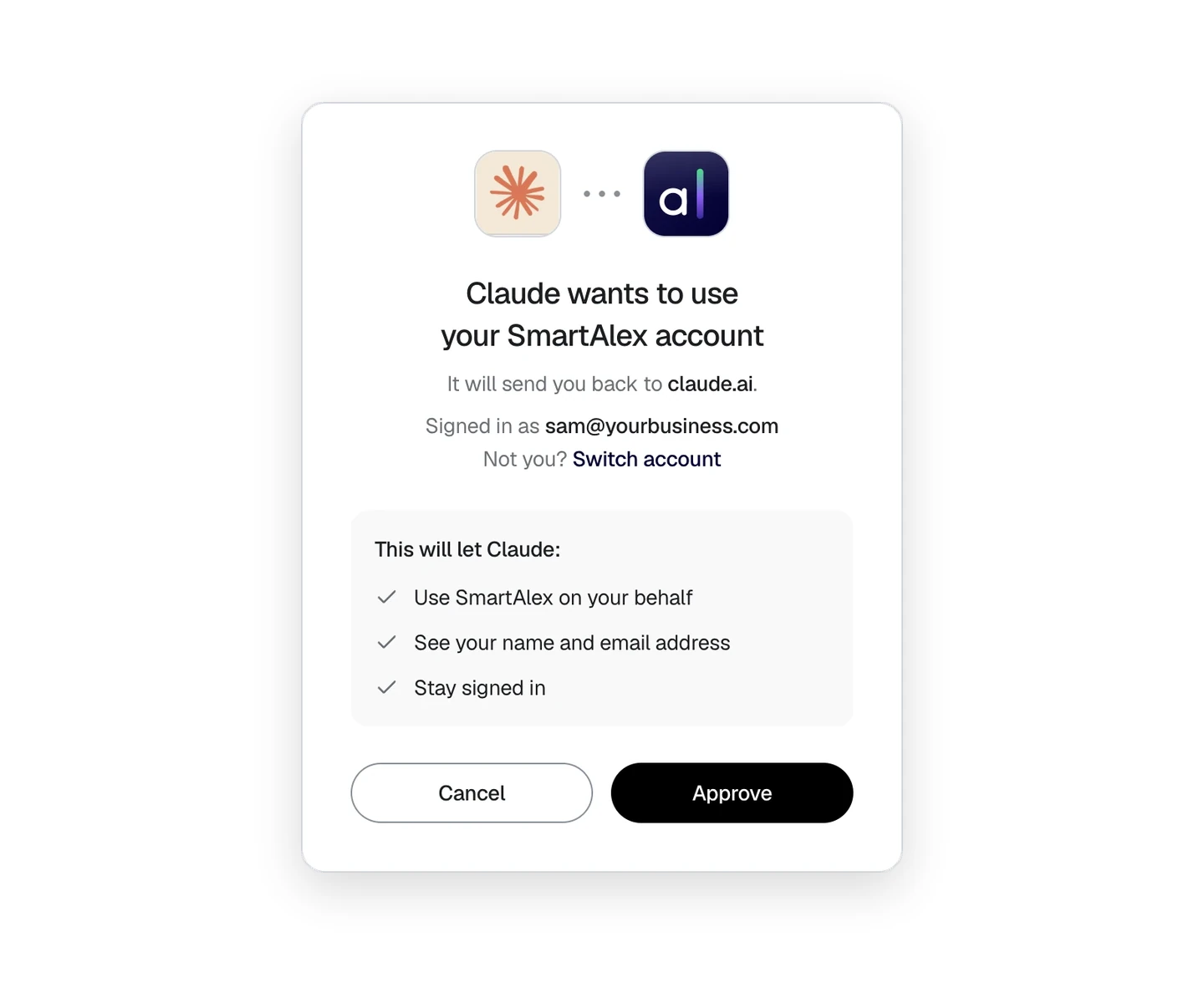 The SmartAlex sign-in page asking you to approve Claude