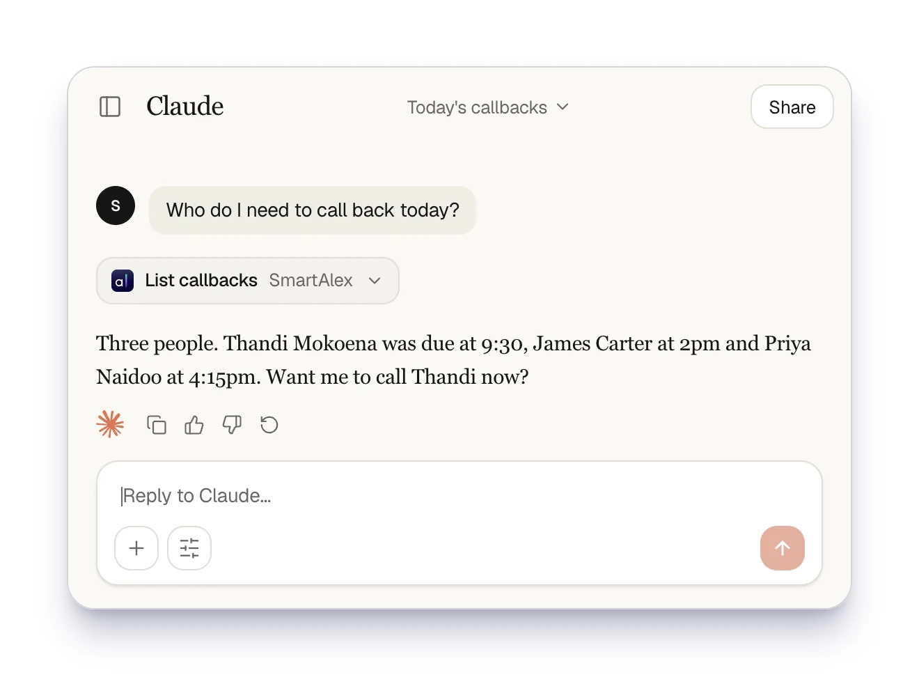 A Claude chat asking who to call back today, with SmartAlex listing three callbacks